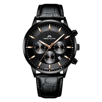 

MEGALITH Luxury Watch For Men Sports Waterproof Chronograph Business Wrist Watches Male Black Genuine Leather Quartz Watch Clock