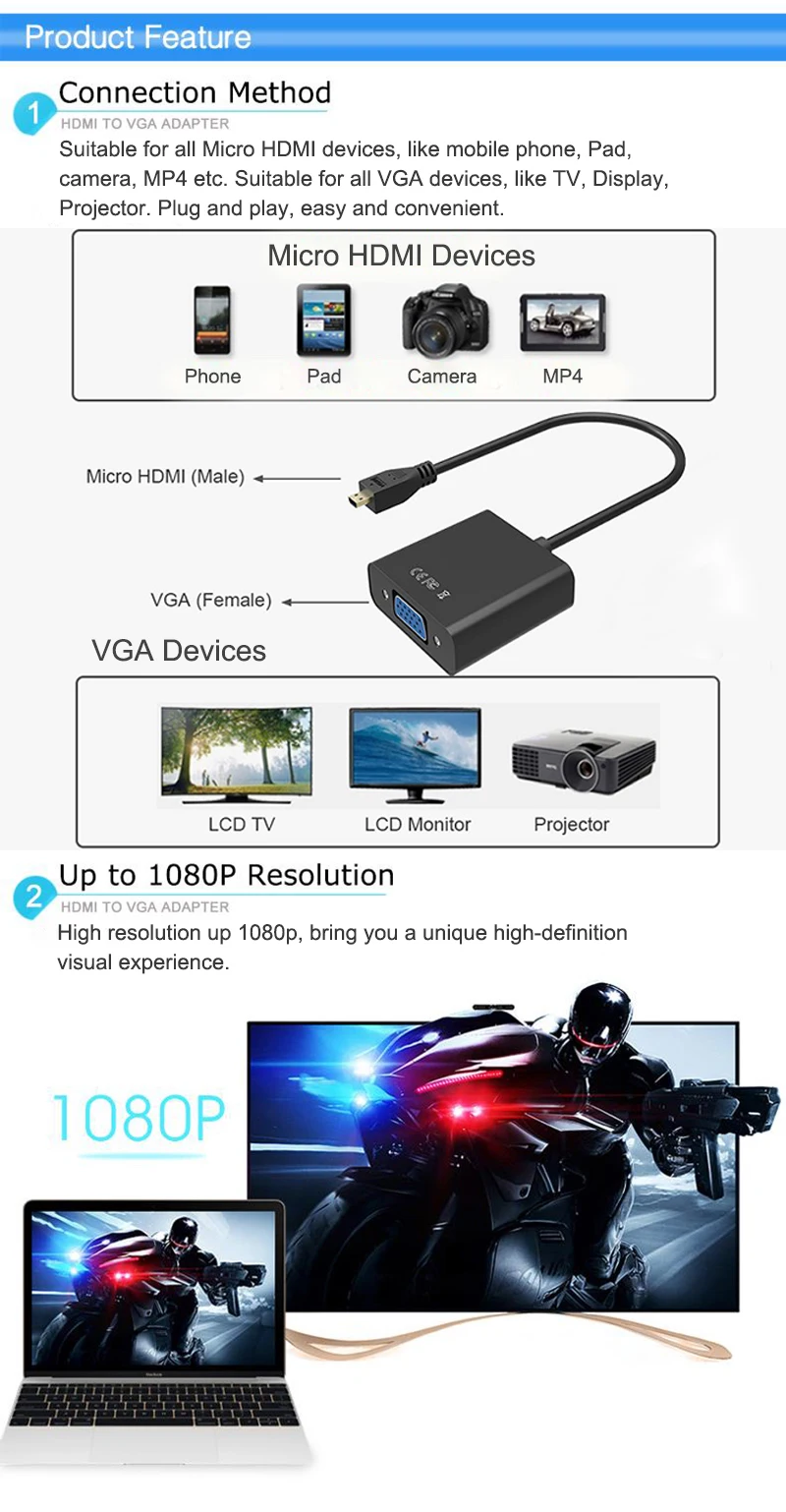 EGRINCY микро HDMI к VGA кабель мужчин и женщин VGA адаптер с 3,5 мм аудио разъем и Micro USB кабель HDMI конвертер для xbox PS4