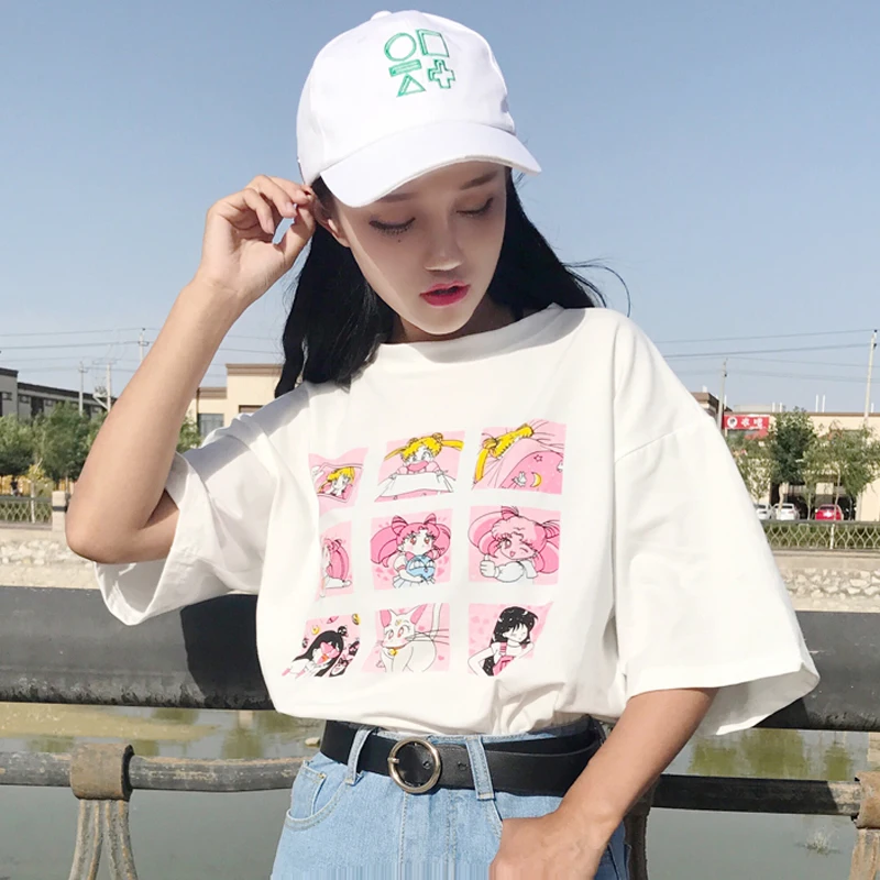 

YouGeman T-shirt Femme 2019 Summer Woman Shirt Top Ulzzang Harajuku Cartoon Kawaii Short Sleeve Pink T-shirts Women Tee Shirts