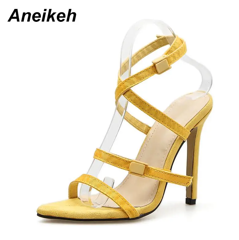Aneikeh/; женские босоножки с узкими ремешками; пикантные летние женские босоножки-гладиаторы с открытым носком на тонком высоком каблуке; красные свадебные туфли; Sandalias - Цвет: yellow