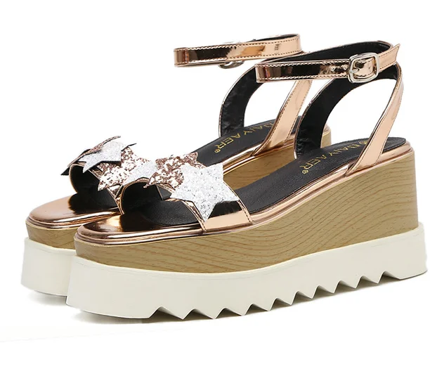 

Women Stars Print Sandals Fashion Fish Mouth Platform summer shoes High Heels Wedge Sandals Shoes Five-Star Slope Sandals 3650