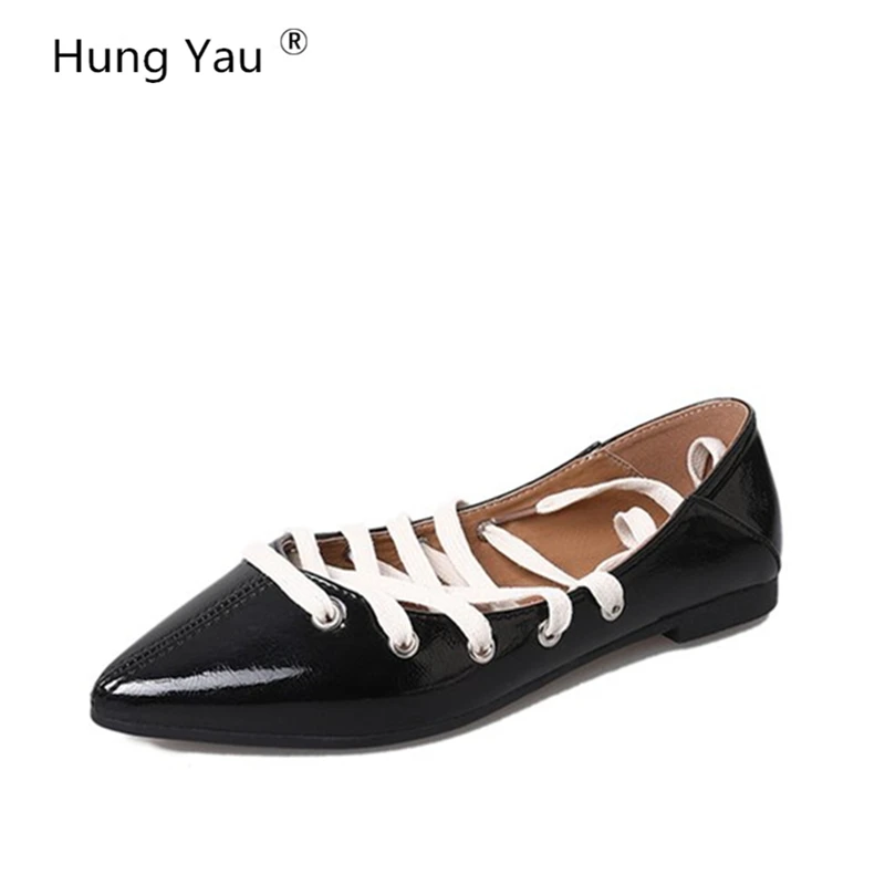 Hung Yau Women Flats Ankle Straps Shoes Women Soft Leather Autumn Lace