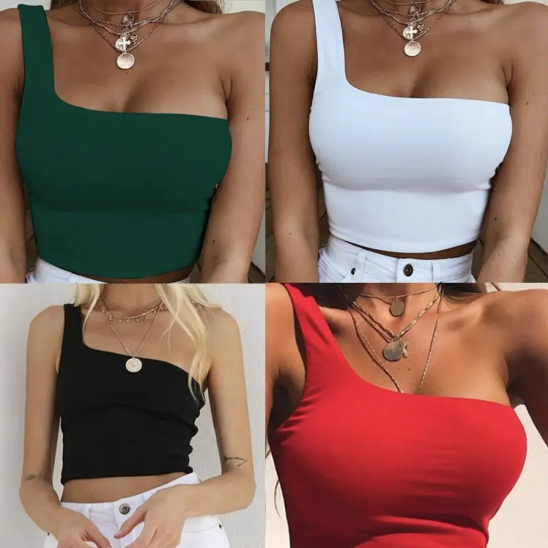 Dam Dam Kvinna One Shoulder Crop Toppar Ärmlös T-shirt Linne Sommar Strandväst Bar Midriff Sommar Modekläder