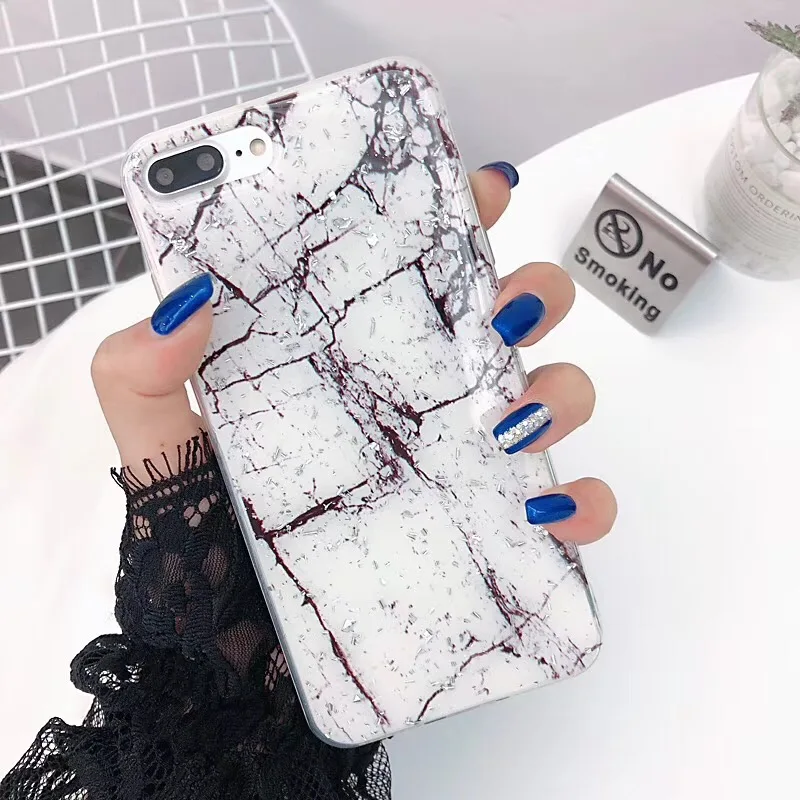 White Marble Paint Pattern Back Cover TPU Bling Glitter Shell Shining Pink Soft Couple Cute Phone Case for iPhone6 6S 7 7S 8 X plus