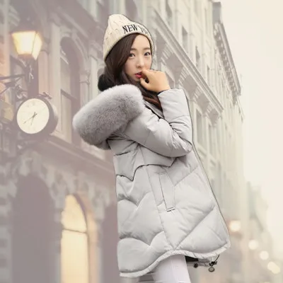 Новинка, корейский стиль, женская зимняя куртка, повседневный Свободный плащ, пуховик, большой меховой воротник, с капюшоном, элегантное свободное пуховое пальто, ST375 - Цвет: Grey