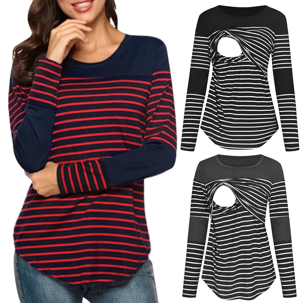

New Maternity Breastfeeding Clothes Women Long Sleeve Striped Nursing Tops T-shirt Premama Trendy Tops For Pregnant Women S-2XL