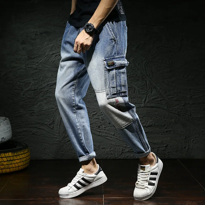 

Fashion Streetwear Men Jeans Blue Color Big Pocket Cargo Pants Loose Fit Harem Trousers Hip Hop Tapered Jeans Men pantalon homme