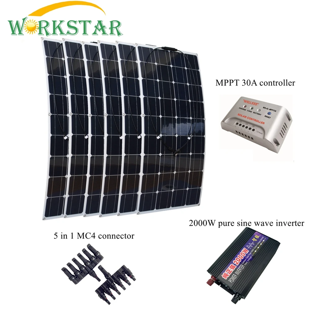 

6pcs 18V 100W Flexible Solar Panel with 12V/24V 30A Solar Charger Controller and 2000W Pure Sine Wave Inverter 600W solar System