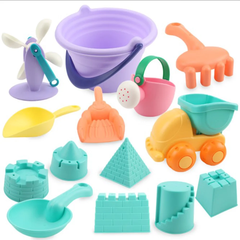 Best  Soft Silicone beach toys for children SandBox Set Kit Sea sand bucket Rake Hourglass Water Table pl