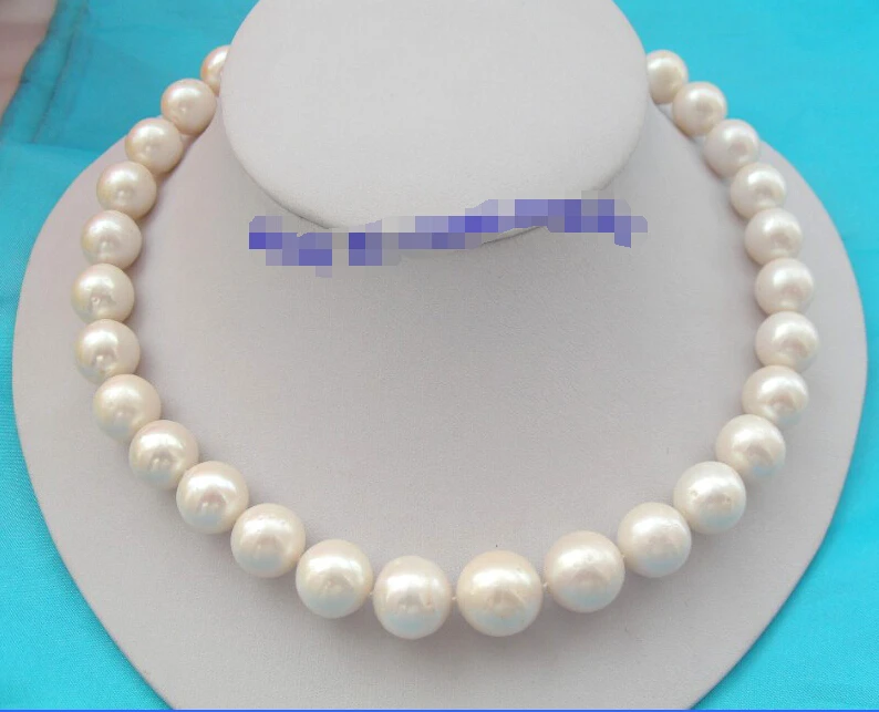 

fast stunning big 14mm round white freshwater cultured pearl necklace 14KGP clasp d259