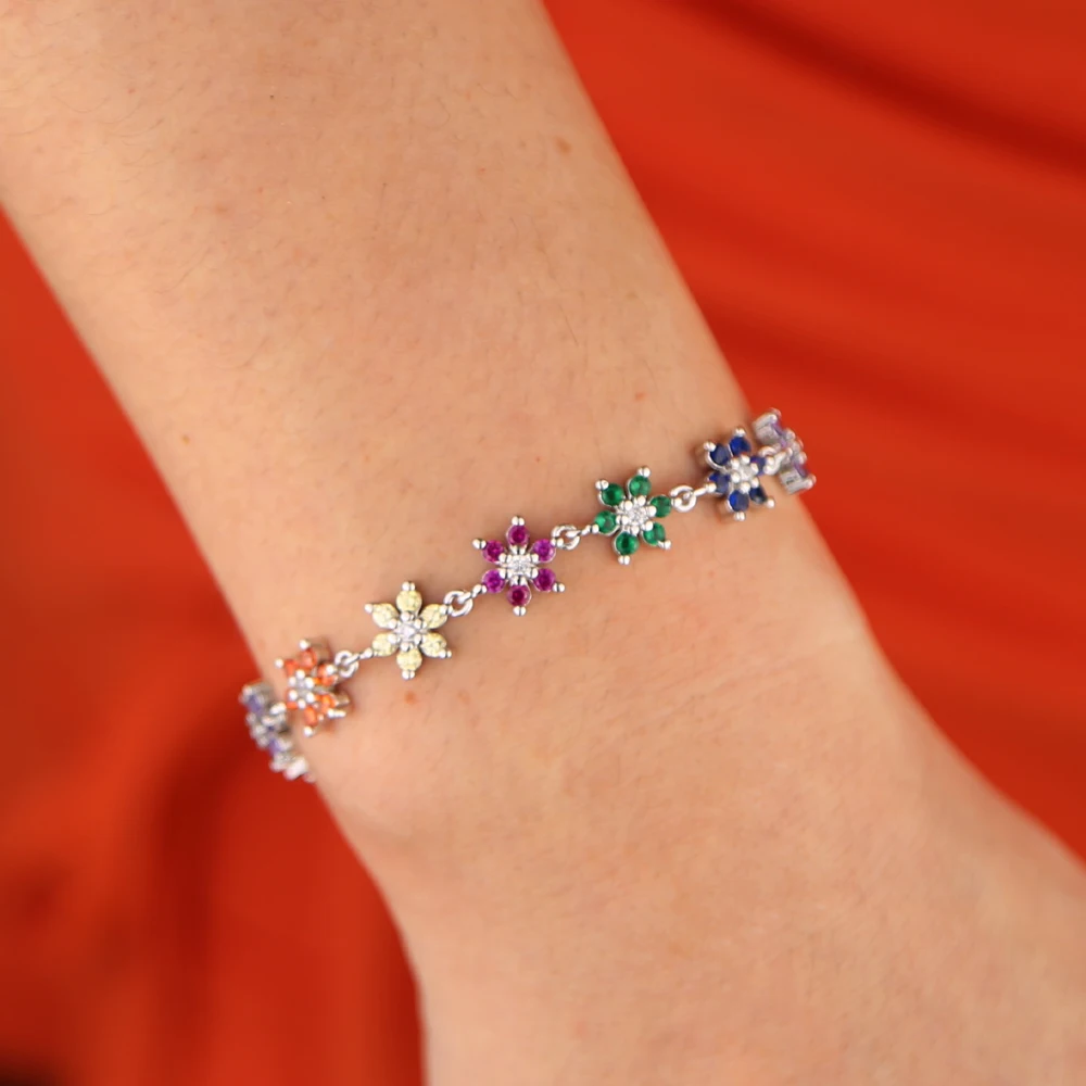Золотой Серебряный цвет красный зеленый синий cz проложили цветок Шарм Браслеты браслет звено Радуга Циркон Камень Мода Теннисная цепь ювелирные изделия