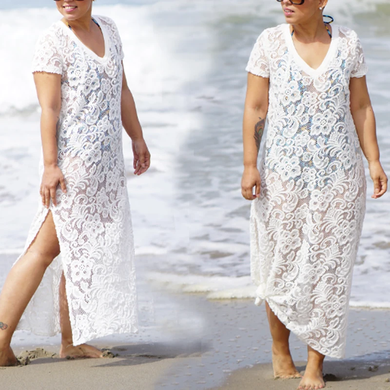 ДЛИННЫЙ КРУЖЕВНОЙ белый наряд кафтан на пляж Saida de Praia Feminino 2020 Robe Plage купальный