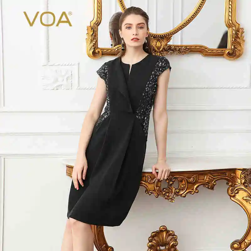 VOA 2019 Zwart Plus Size Office Lady Hoge Taille Slim Midi Potlood Jurk Zijde Korte Mouwen Tuniek Jurk A2276