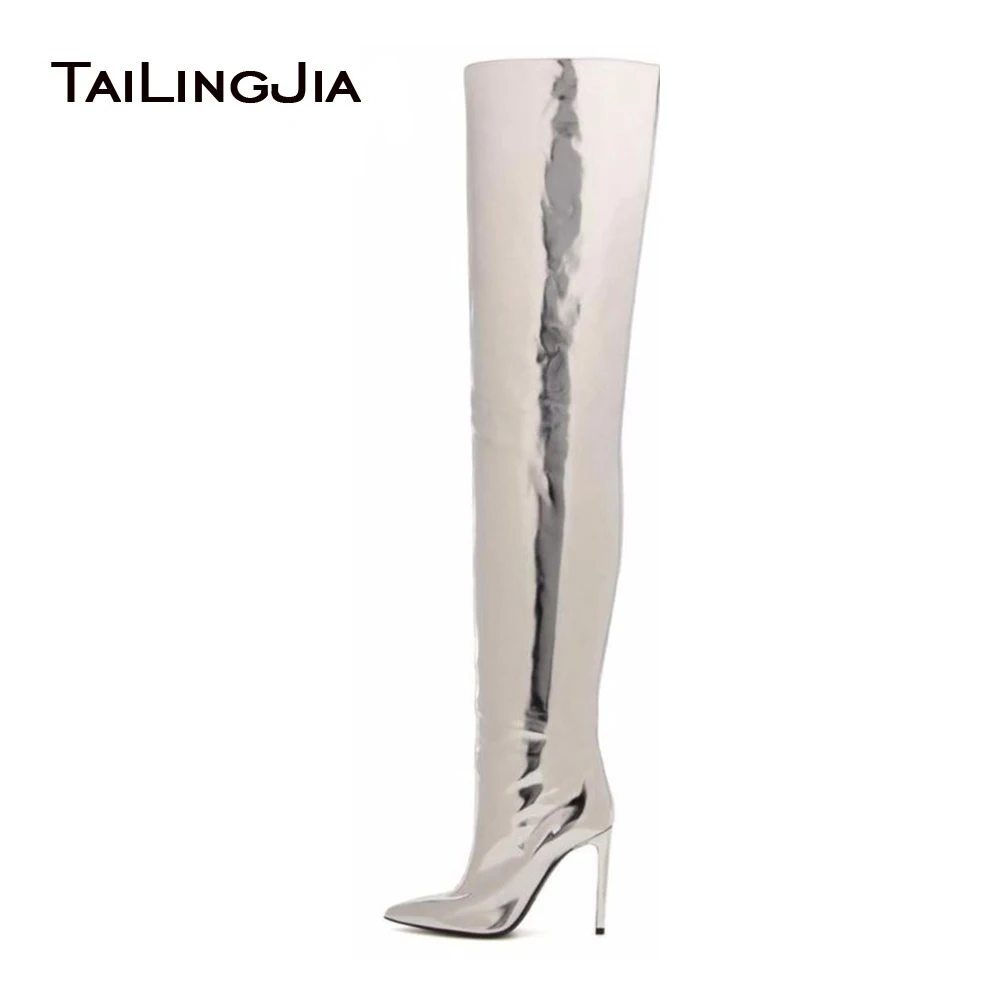 

2016 Sliver Metallic Thigh High Boots For Women Superstar Shoes Pointy Toe Thin Heel Mirror Patent Leather High Heel Long Boots