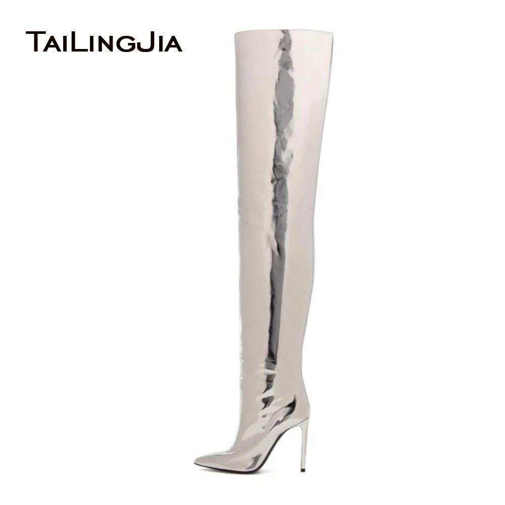 silver metallic knee high boots