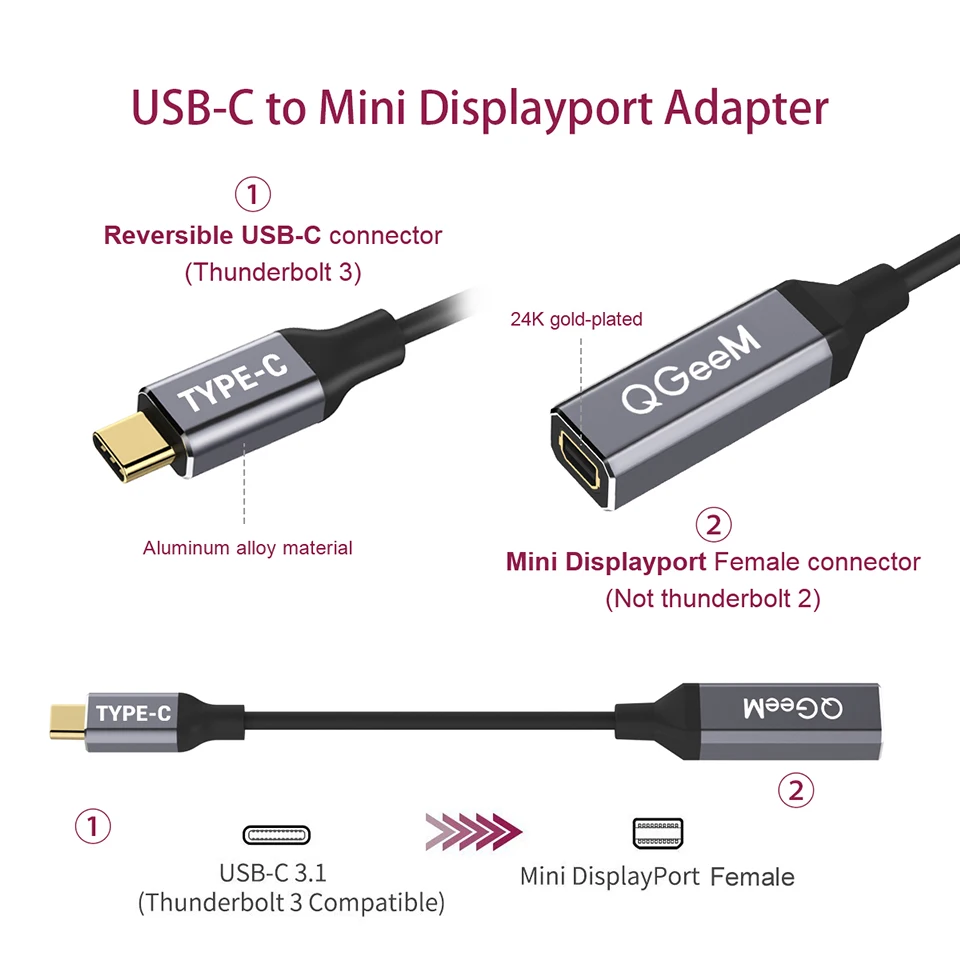 QGeeM USB C Ÿ 3.1-̴ DP  ̺ , 4K 60HZ HDTV USB C ̴ DP , ƺ, ȭ Ʈ 10, Ｚ S8 