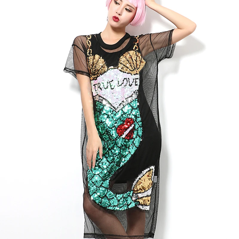 

New Female Two Piece Sets Summer Dress Harajuku Cartoon Sequins Mesh Hollow Out Vestidos Short Sleeve O-Neck Cotton Women Dress
