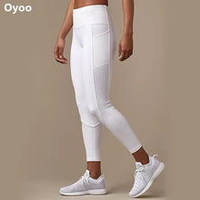 Oyoo Mid Waist Out Pocket Yoga Pants Tummy Control White Workout Leggings Women’s Activewear Running Tights Mesh Jogging Pants