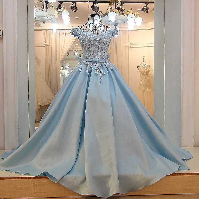 

Formal Gowns Dress Appliques Robe De Soiree Vestido De Festa Abendkleider Elegant Dresses With Bow Lace Woman Dress Light Blue