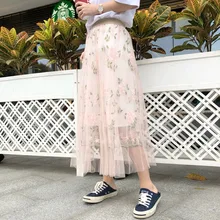 Pink Apricot Flower Embroidery Mesh Tulle Pleated Long Skirts Korean Vintage Style High Waist Elastic Waist Skirt Women Pink Apricot Flower Embroidery Mesh Tulle Pleated Long Skirts Korean Vintage Style High Waist Elastic Waist Skirt Women