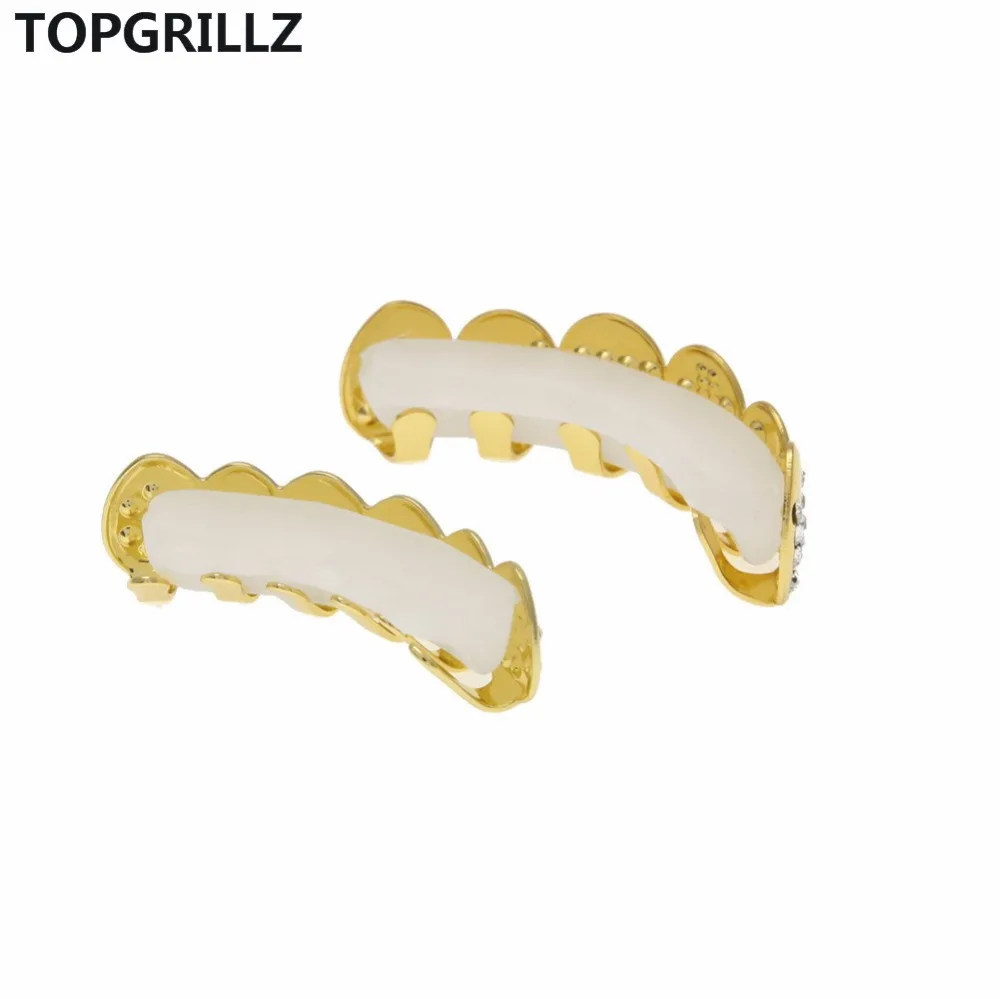 TOPGRILLZ золото цвет покрытием Iced Out письмо CZ камень хип хоп ЗУБЫ для рот GRILLZ шапки Топ и дно грили набор Классический зуб