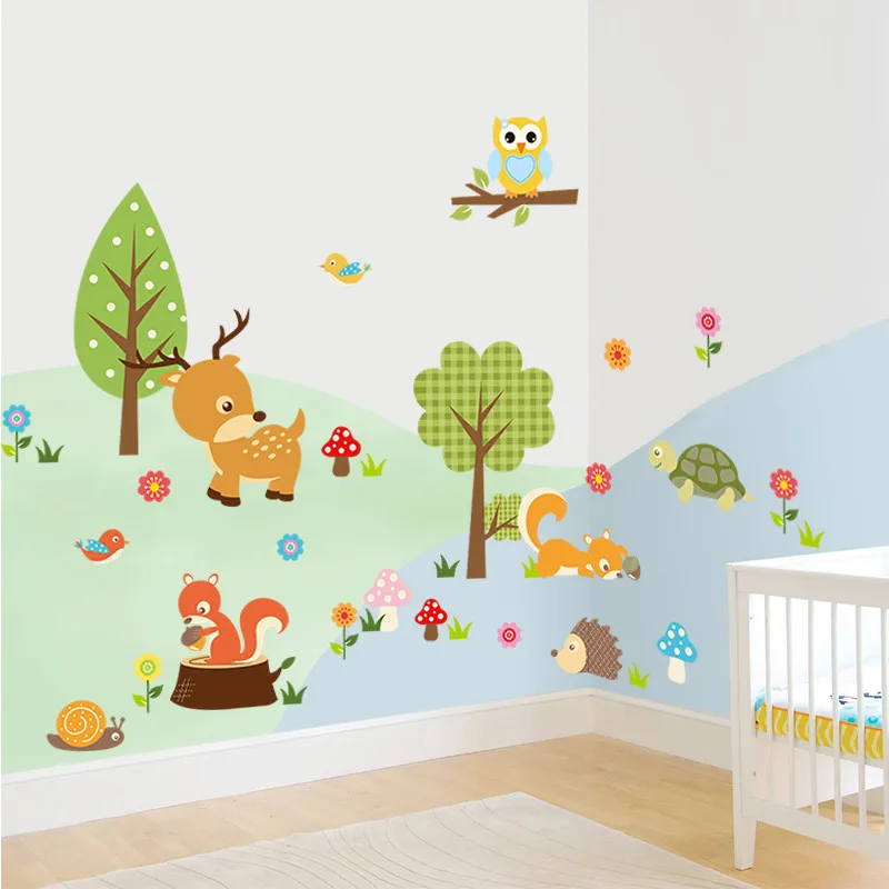 

large newest DIY happy Animal Zoo monkey deer Squirrel Hedgehog Turtle tree home decal wall sticker kids room nursery bedroom