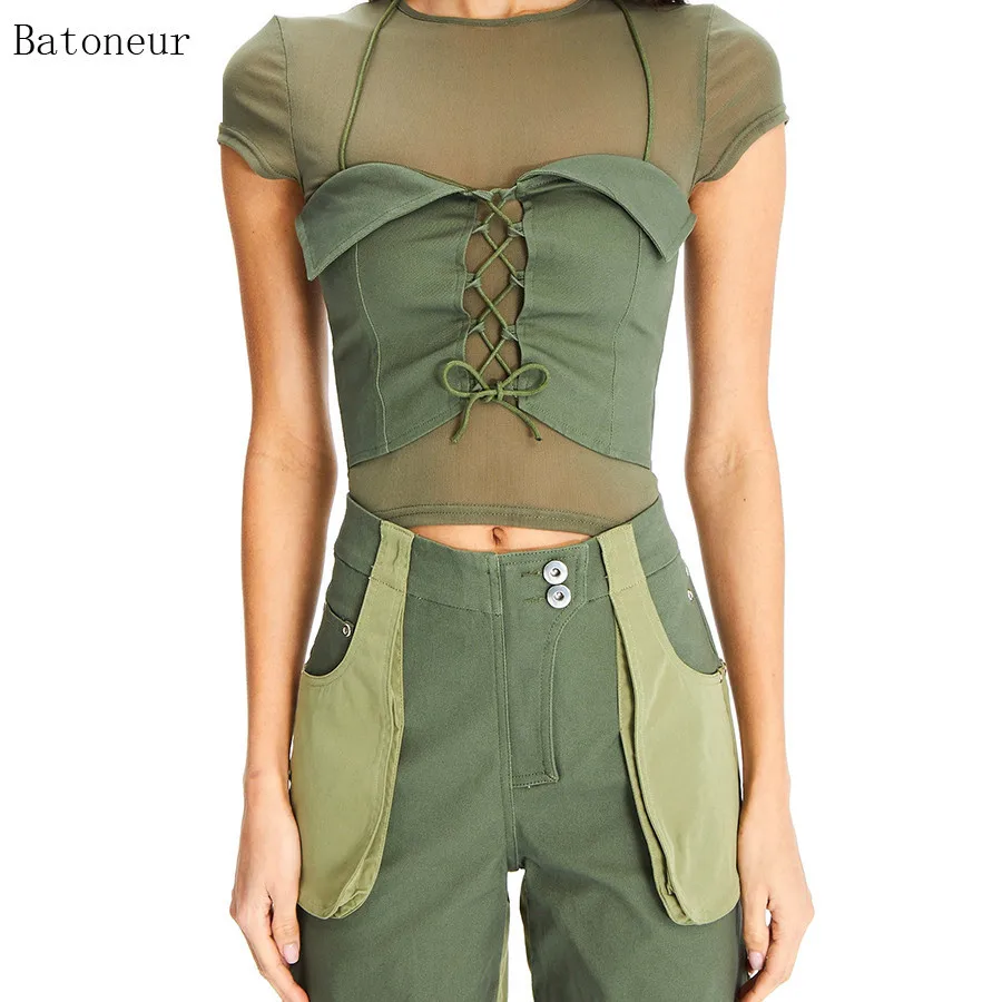 

Women Sexy Mesh Perspective T-Shirt Hipsters Top And Lace Up Sling 2 Pcs Set Casual Slim Summer Sheer Tops T Shirt