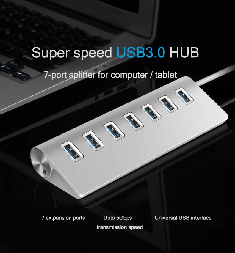 7-port USB 3.0 Hub 60cm Cable Portable Upto 5Gbps Super Speed Silver Anti-slip Chargeable Splitter For Multi USB Devices