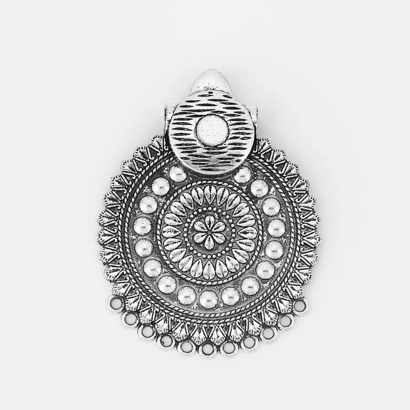 

2pcs Antique Silver Ethnic Embossed Dot Beads Flower Round Pendant Connector For Necklace Jewlery Findings Accessories 58*75mm
