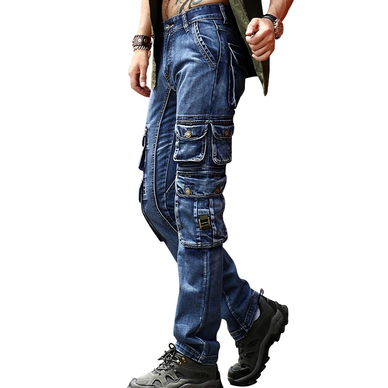 ABOORUN Для мужчин бренд Cargo Jeans Мульти Карманы тактические джинсовые штаны Высокое качество мужской открытый повседневные джинсы x1647