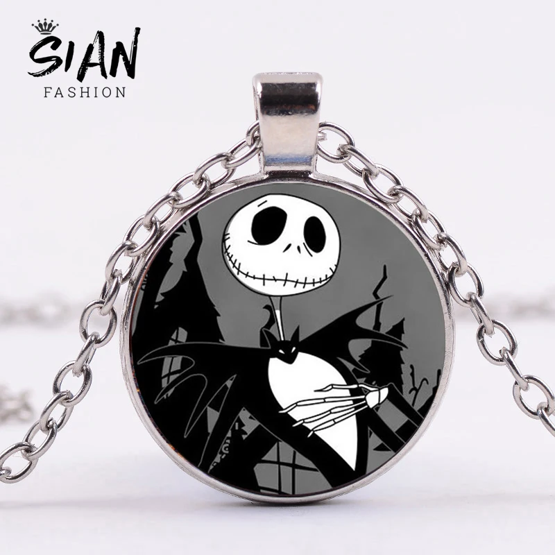 

SIAN The Nightmare Before Christmas Long Necklace Jack Skellington Cartoon Figure Glass Round Pendant Necklace Punk Silver Chain