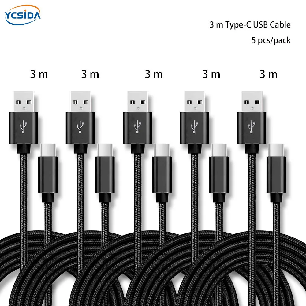 (Black 3m 5pcs/pack) nylon charging cable for iphone type c micro usb