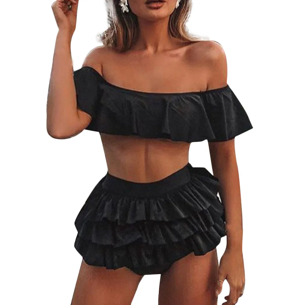 

SAGACE Womens Tankini Set Bikinis Set Fashion Women Swimwear Beach Solid Ruffles Swimsuit Bikini Tankini Set 2019