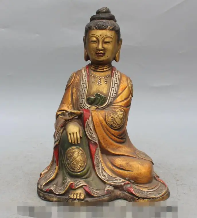 

S2524 10" China Bronze Gilt Painting Kwan-yin Guan Yin Goddess 8 Symbol Buddha Statue