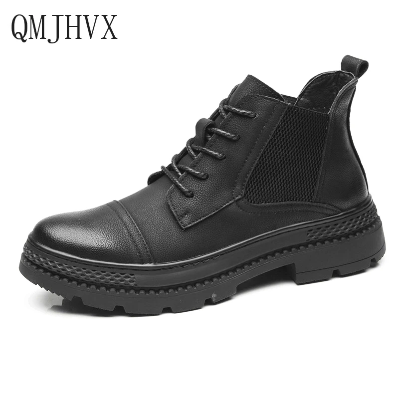 

QMJHVX Fashion Men's Casual leather Boots vintage flats Martin Boots Men plus velvet warm High Top Motorcycle Man Snow Boots