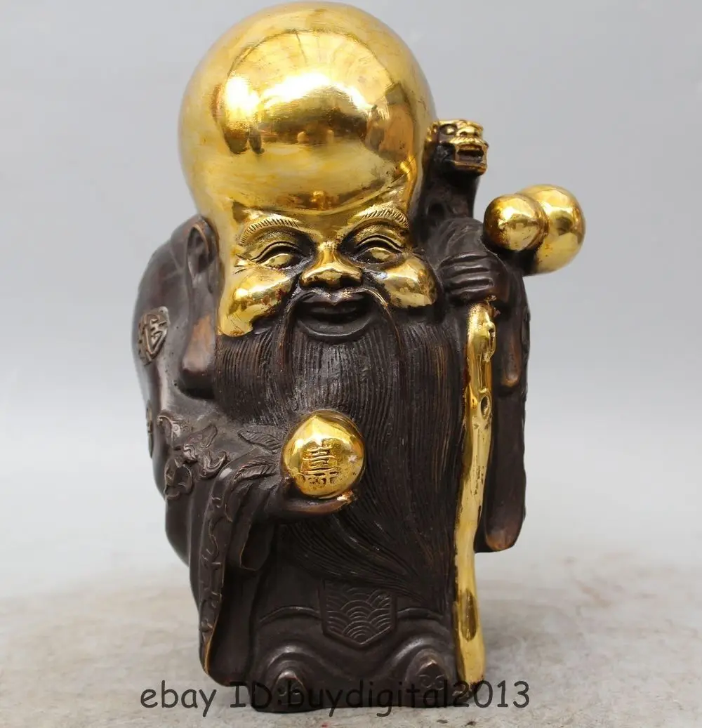 

DS 10" Chinese Bronze Gild Stand Immortal Peach Shou God Of longevity Statue