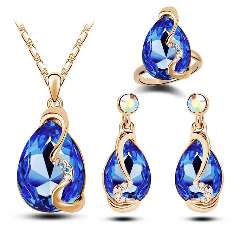 

Topkeeping Brand Women New Fashion Jewelry Austrian Crystal Set Ladies Party Dress Earrings+Pendant+Necklace+Rings Jewelry Sets