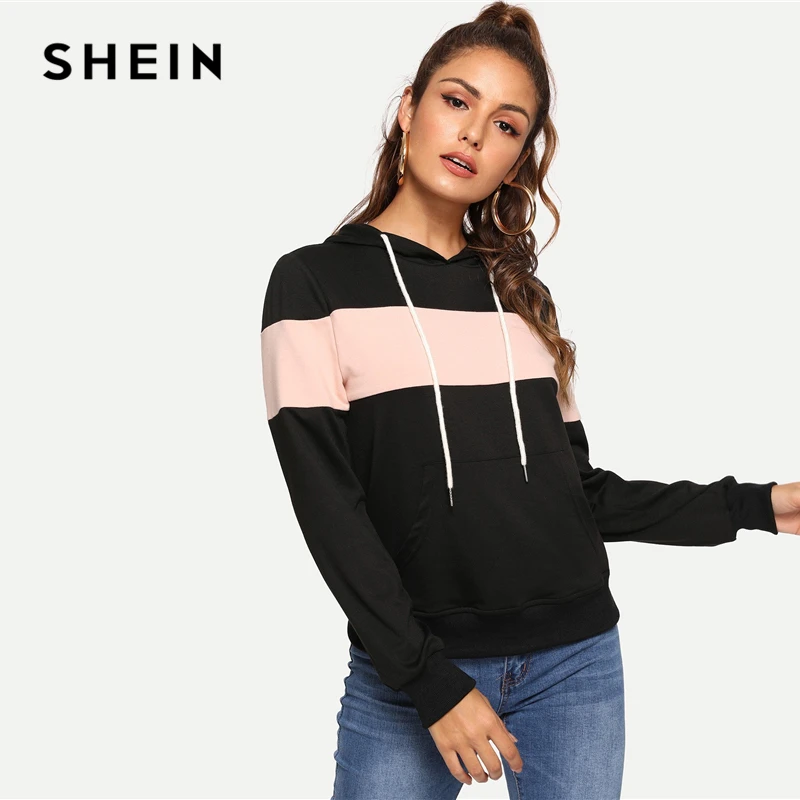  SHEIN Black Casual Hooded Drawstring Color Block Pocket Minimalist Pullovers Sweatshirt Autumn Prep