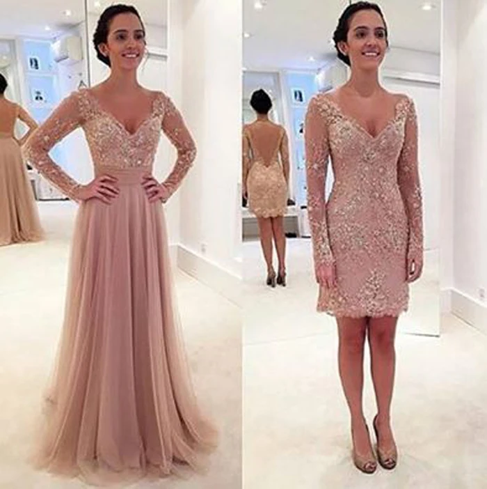 blush evening gown with sleeves