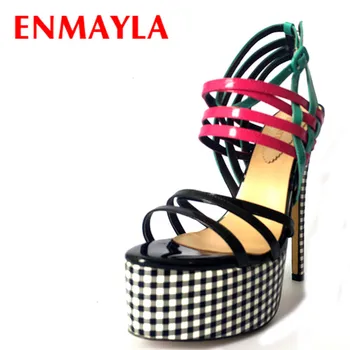 

ENMAYLA Summer High Heels Platform Gladiator Sandals Women Plaid Print Ladies Shoes Woman Mixed Colors Stiletto Sandals