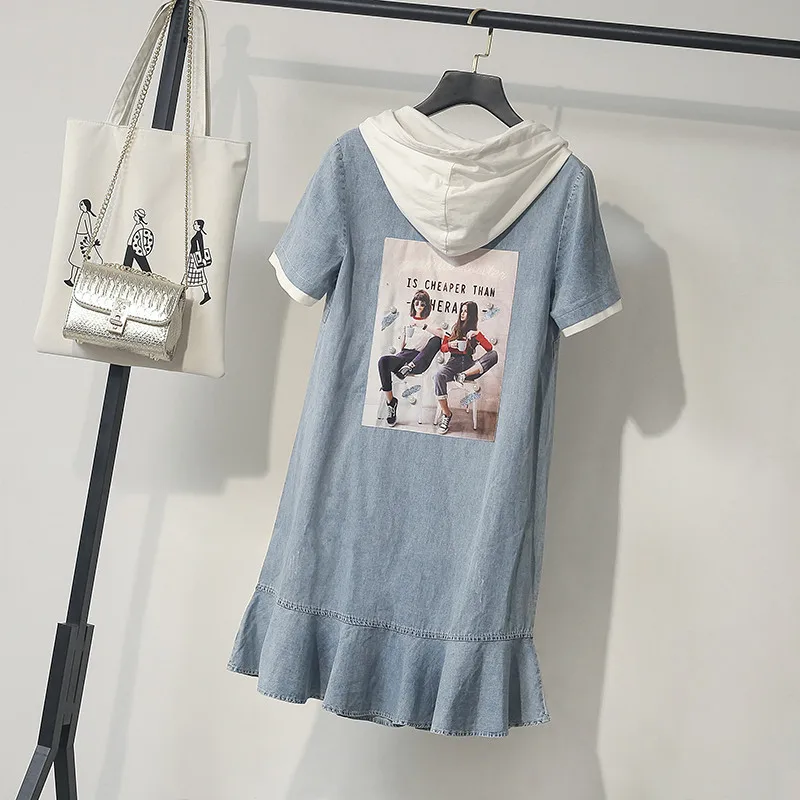 

Limiguyue XL-5XL plus size women denim dress back print patch pearls short sleeve ruffles large size dress hoodie vestidos Y119