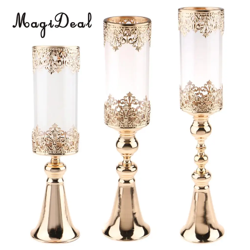 Antique Gold Metal Pedestal Candle Holder with Glass Flower Vase Crystal Draped Pillar Stand Accent Display Ornament Gift
