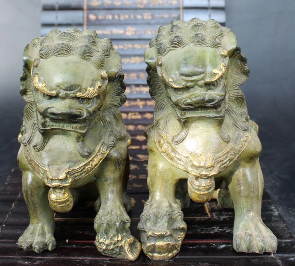 

Chinese Bronze Gilt Evil Door Guardian Fu Foo Dog Door Leo Lion Bell Kid Pair