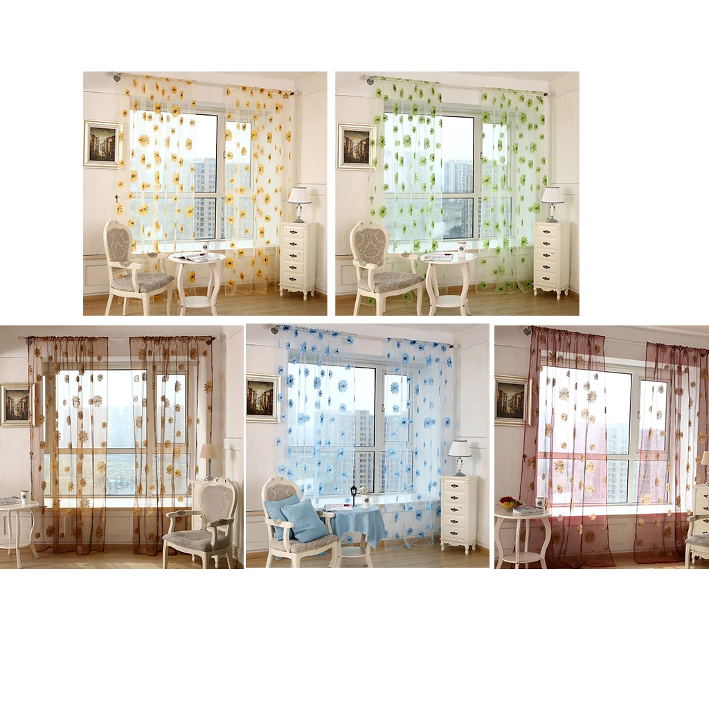 Sunflower Sheer Voile Window Curtains Semi Tulle Drape Panel for Kitchen Bedroom Living Room(Slot Top Design, 2x1 Meter)