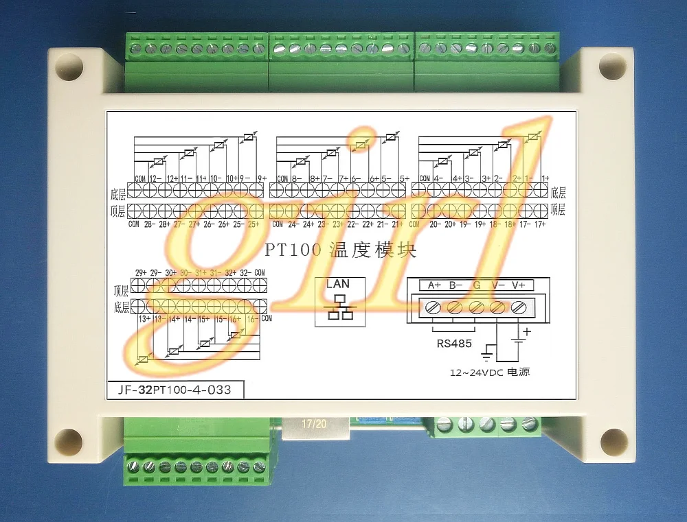 

32 way Pt100 temperature acquisition module, three wire Modbus-RTU/ net port, /485 Ethernet configuration.