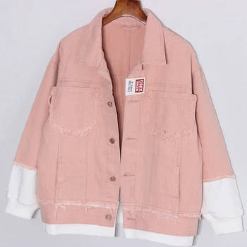 

Fashion Pink Denim Jacket Women Spring Autumn Big size Loose Tassel Spliced Ladies Jeans Jacket Short Student Basic Coat Women