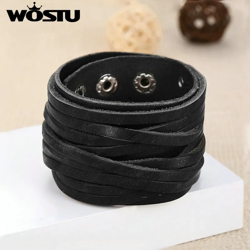 WOSTU Hot Sale Genuine Leather Wrap Vintage Black Bracelet & Bangles For Men Women Luxury High Quality Jewelry Unisex XCJ0337
