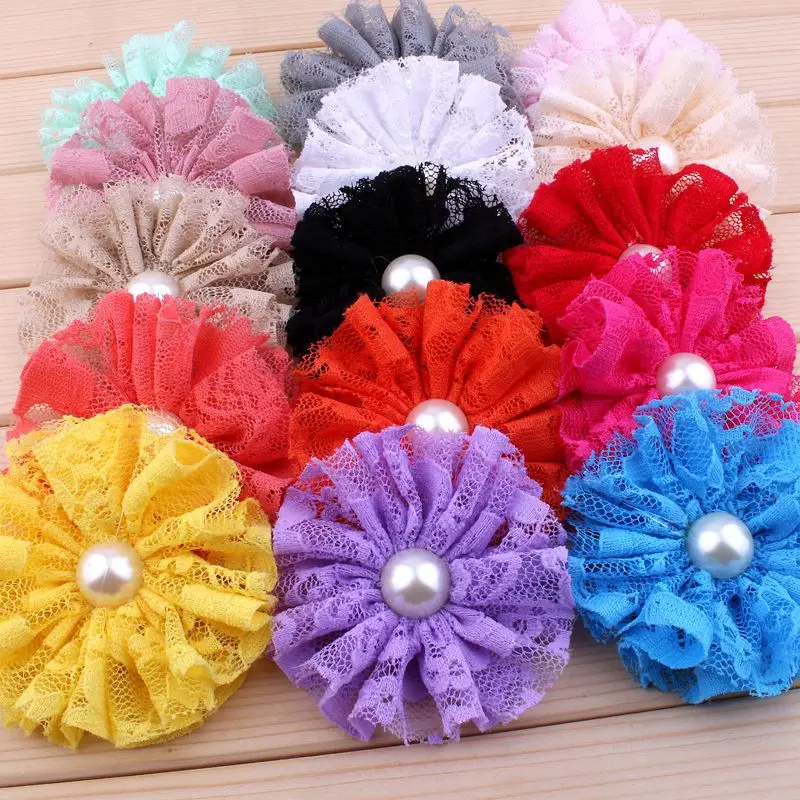 

120pcs/lot 7cm 15colors Frayed Mesh Lace Flowers With Pearl For Hair Accessories Shabby Artificial Fabric Flowers For Headbands