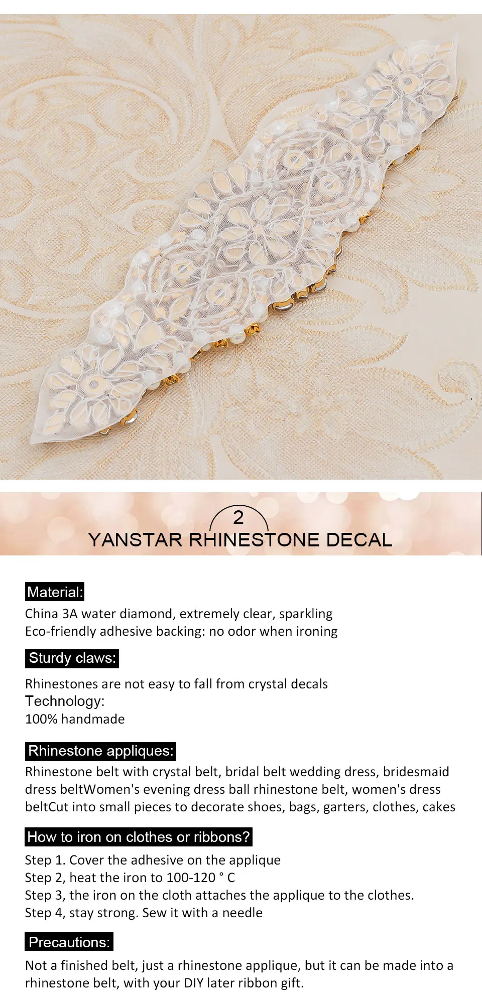 Yanstar 2 шт Свадебные стразы аппликация пришить для Weding Платье Пояс розовое золото Стразы используется свадебный аксессуар YS849