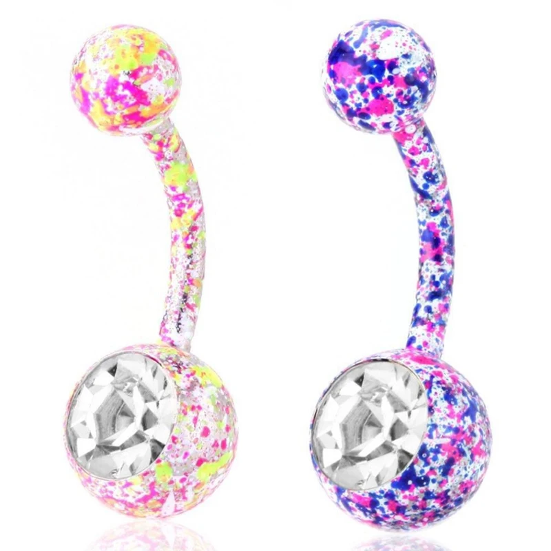 

New LNRRABC Crystal Dangle Button Rhinestones Fashion Stainless Steel Floral Bar Yellow Blue Double Drill Belly Navel Ring